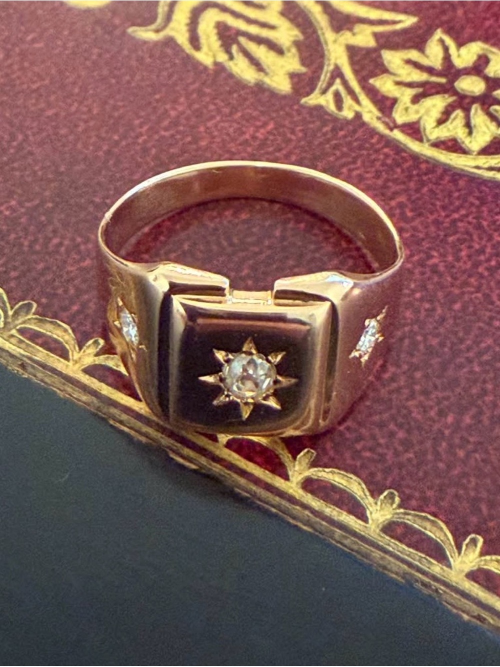 Gold-Tone Starburst Signet Ring with Clear Stone